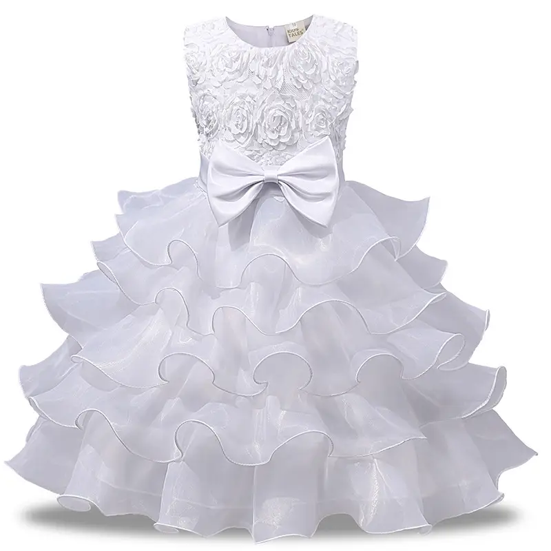 White Bow Girls Dress with Ruffled Mesh Skirt
