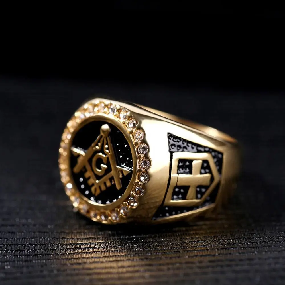 Men's Gold Plated Cross Ring with Diamond Embroidery