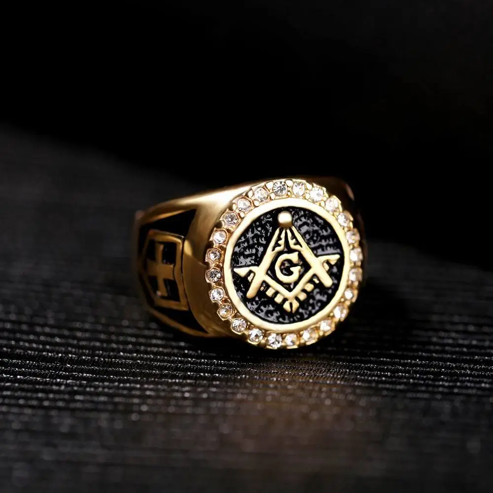 Men's Gold Plated Cross Ring with Diamond Embroidery