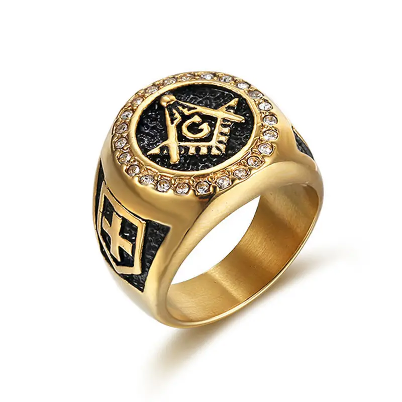 Men's Gold Plated Cross Ring with Diamond Embroidery