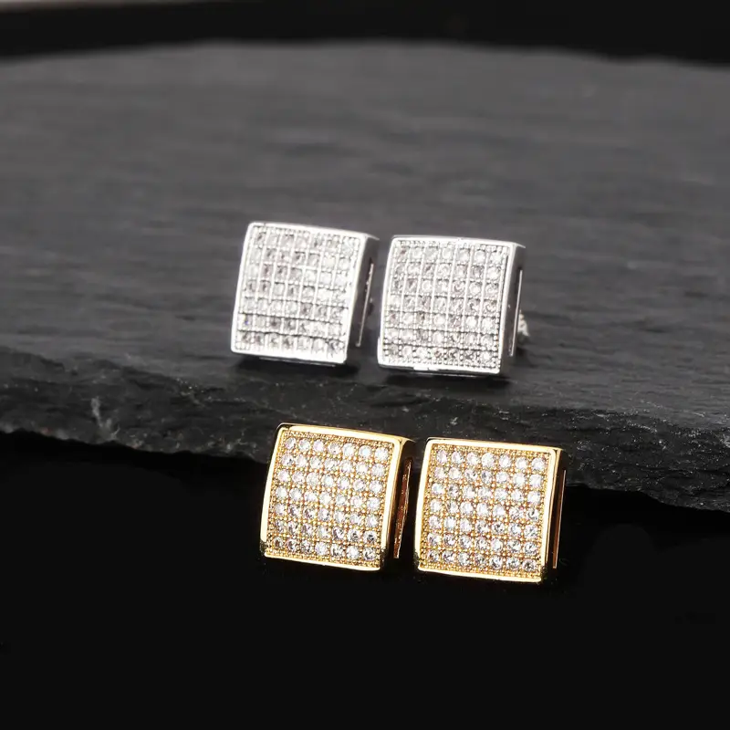 Square Hiphop Micro-inlaid Zircon Gold Plated Earrings for Men - Image 5