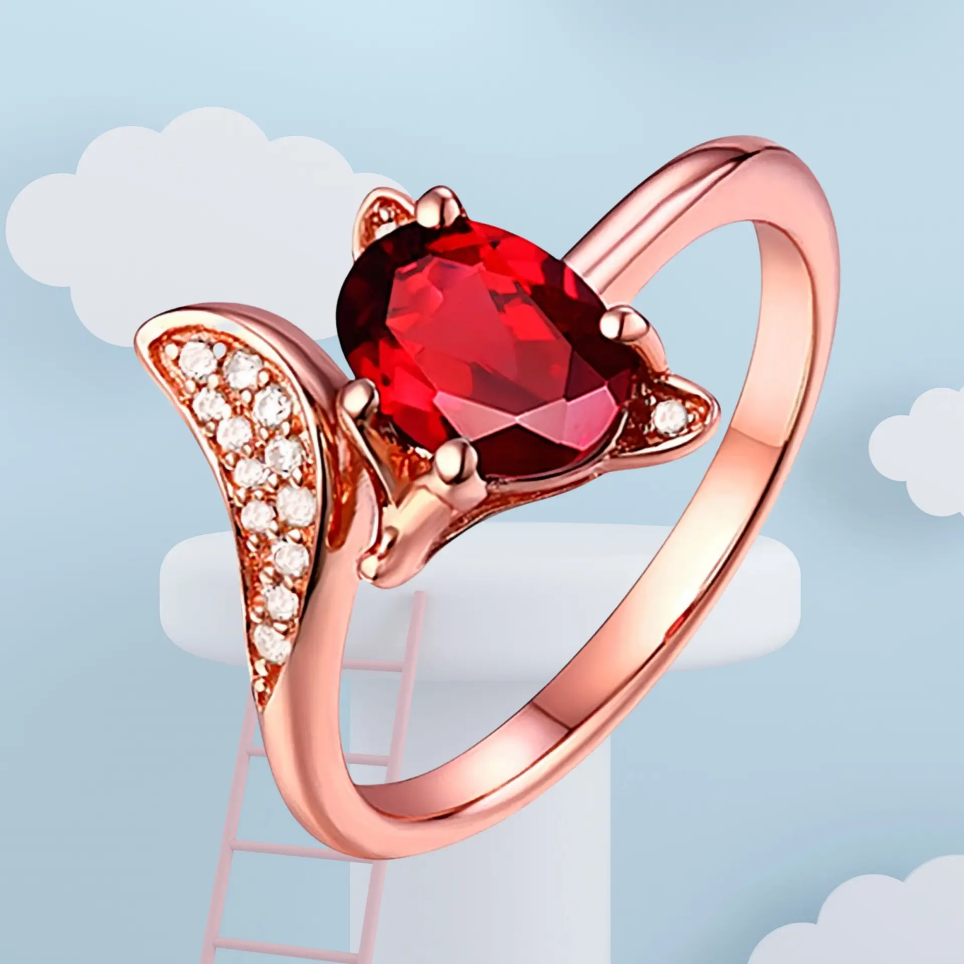 Rose Gold Fox Ring with Red Ruby Charm - Image 5