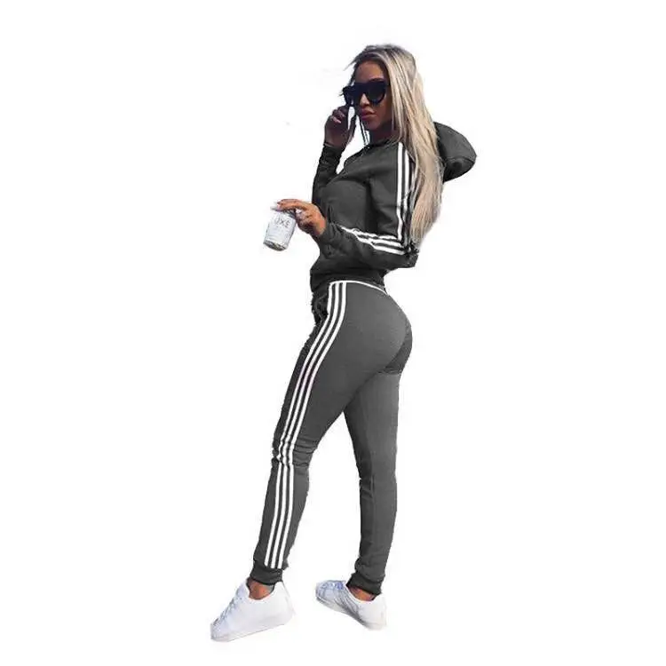 Women's 2025 Sports Tracksuit Grey White Stripes - Image 2