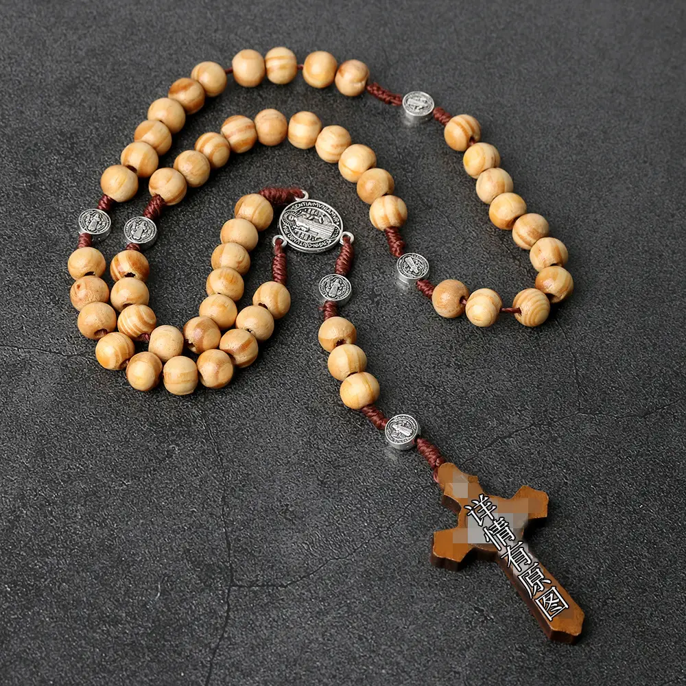 Natural Wooden Cross Rosary Pendant 10mm Catholic - Image 10
