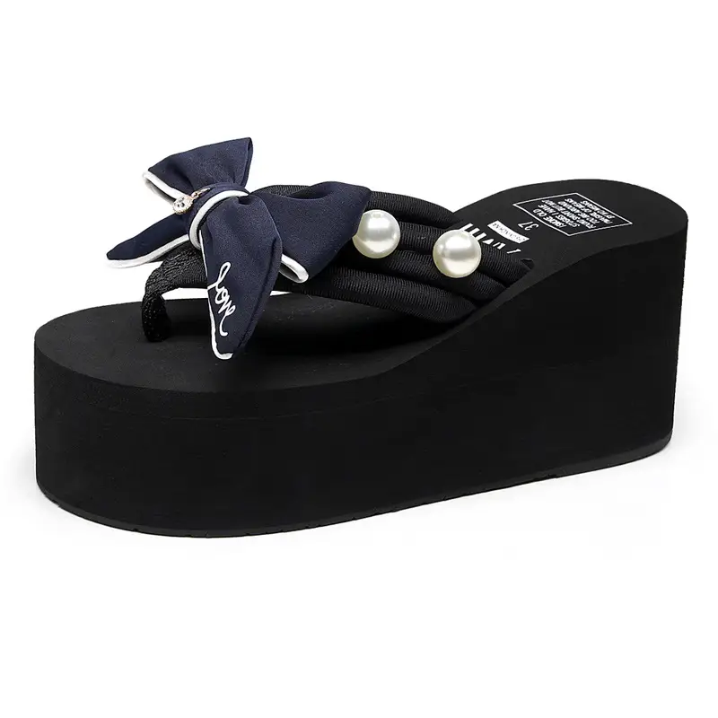 Shanjiao 8cm High Heel Flip Flops Handmade Bow Non-slip Seaside Vacation Slippers Fashion Women's Beach Shoes - Image 9