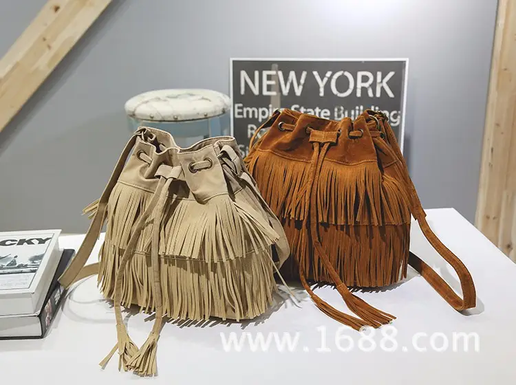 Women's Velvet Tassel Bag with Drawstring & Button Details