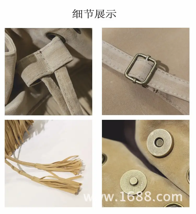 Women's Velvet Tassel Bag with Drawstring & Button Details