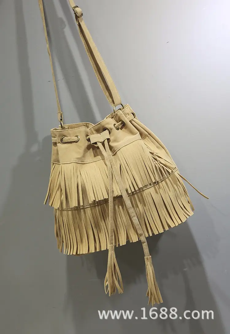 Women's Velvet Tassel Bag with Drawstring & Button Details