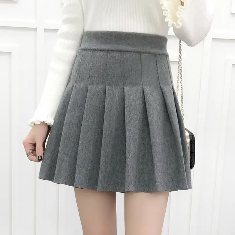 Anti-glare Pleated Skirt Women's Grey Woolen - Image 3