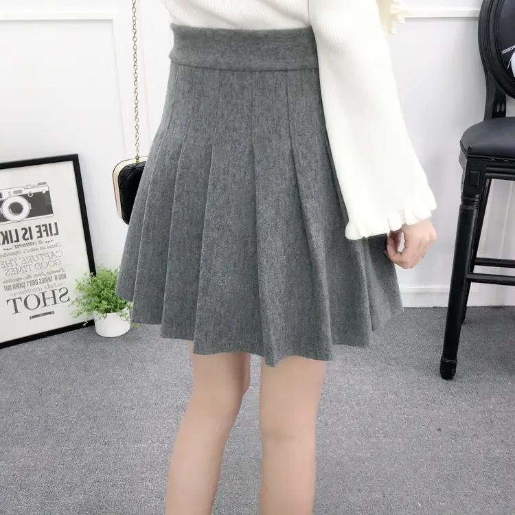 Anti-glare Pleated Skirt Women's Grey Woolen - Image 4
