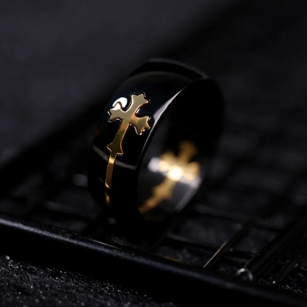 Men's Black Gold Cross Ring Titanium Steel 13 - Image 9