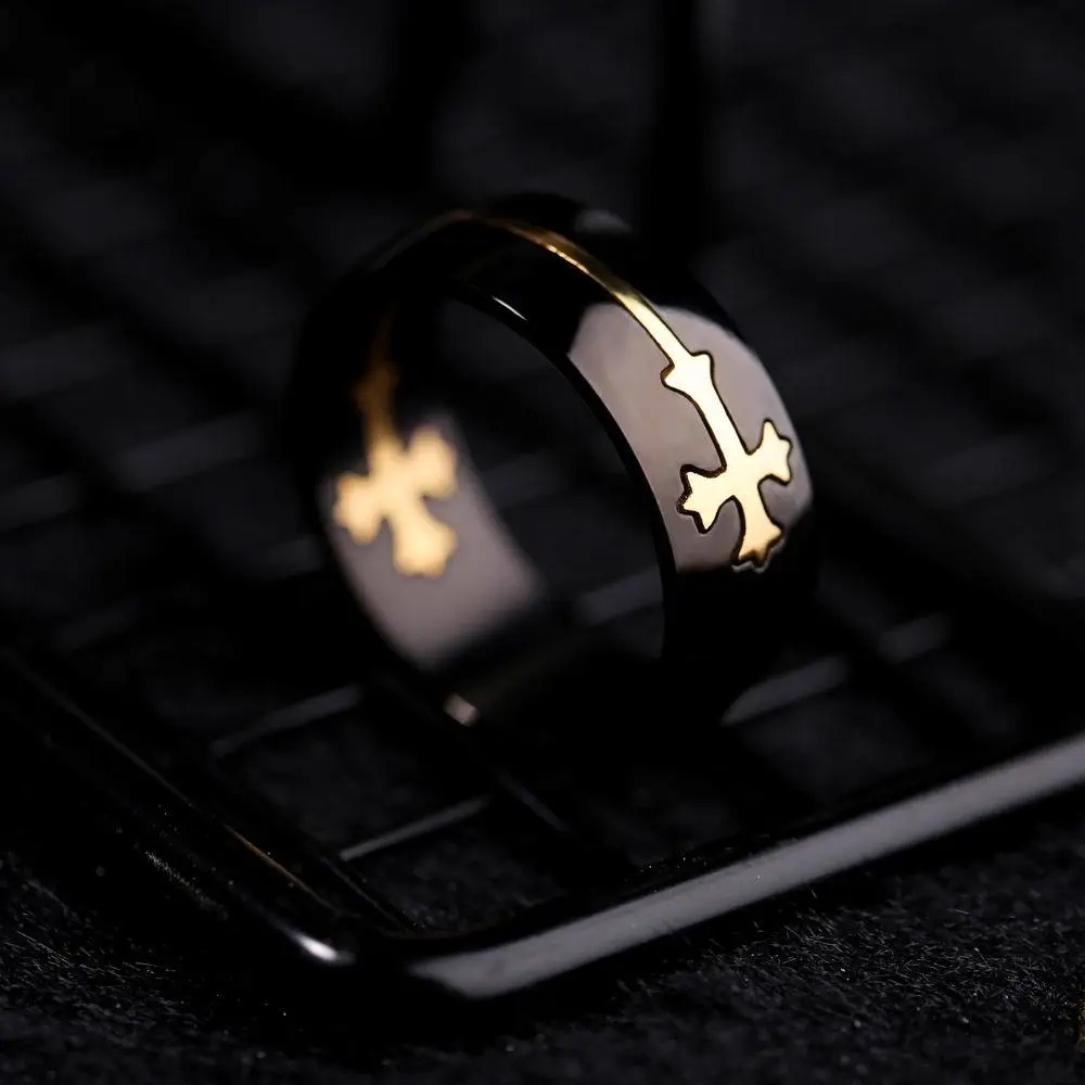 Men's Black Gold Cross Ring Titanium Steel 13 - Image 10