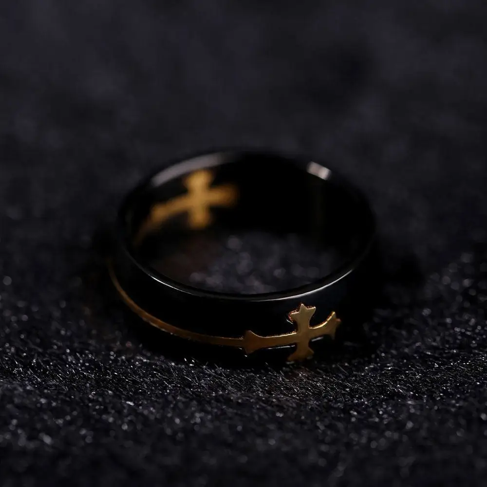 Men's Black Gold Cross Ring Titanium Steel 13 - Image 11