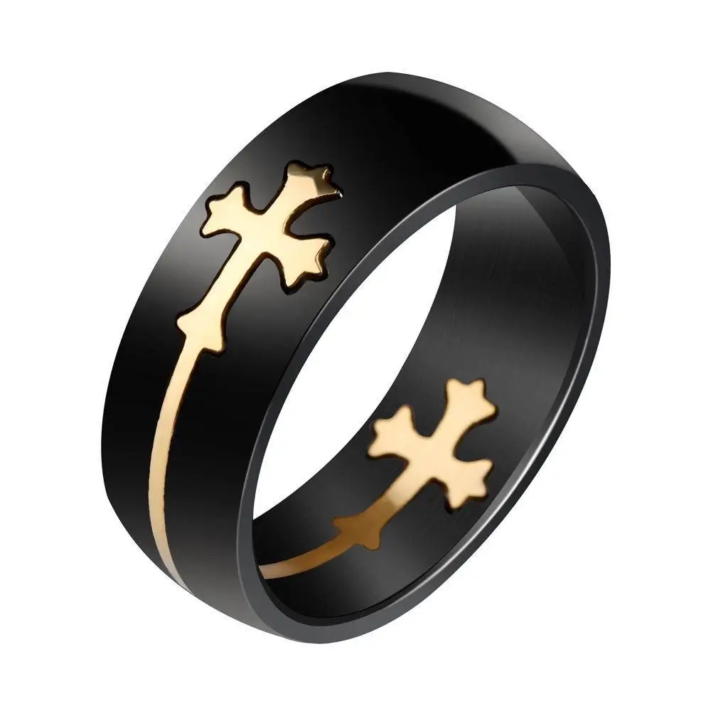 Men's Black Gold Cross Ring Titanium Steel 13 - Image 12