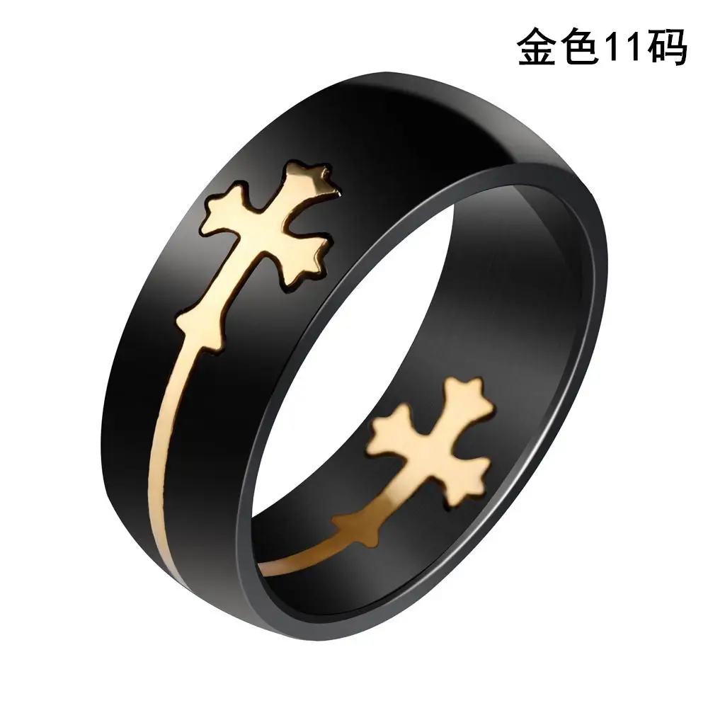 Men's Black Gold Cross Ring Titanium Steel 13 - Image 5