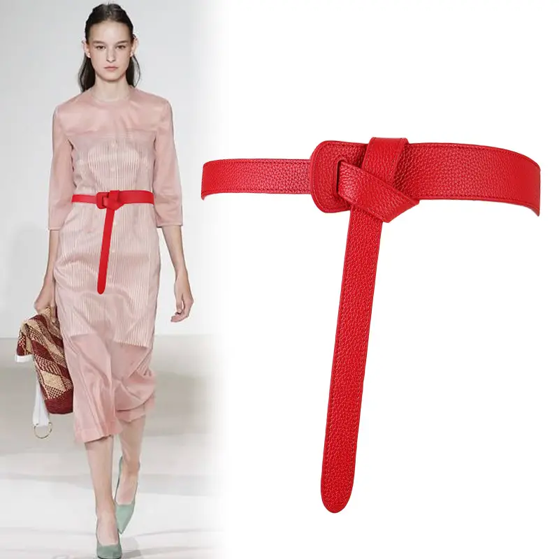 Women's Orange Leather Belt with Knot Decor - Image 6