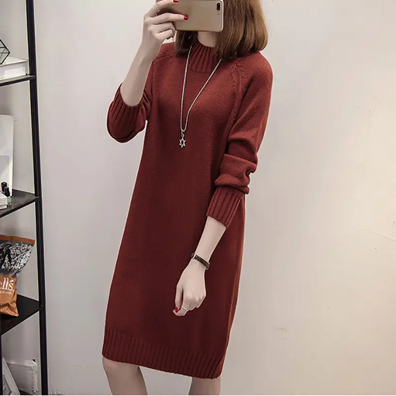 Women's Mid-Length Knitted Pullover Sweater Brown 2022 - Image 5