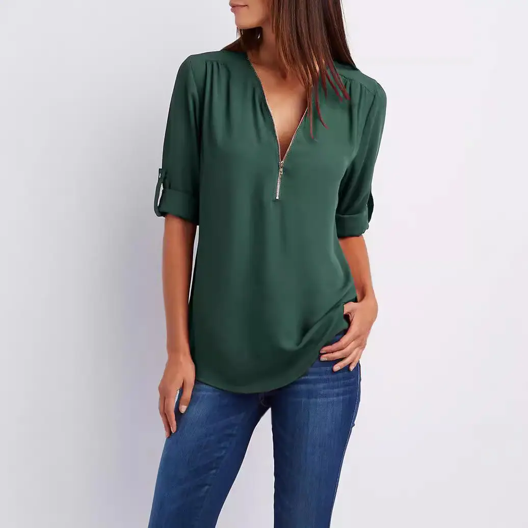 Green V-Neck Zipper Chiffon Shirt for Women - Image 14