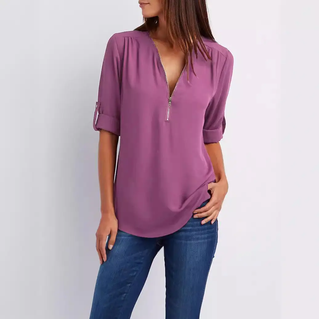 Green V-Neck Zipper Chiffon Shirt for Women - Image 15
