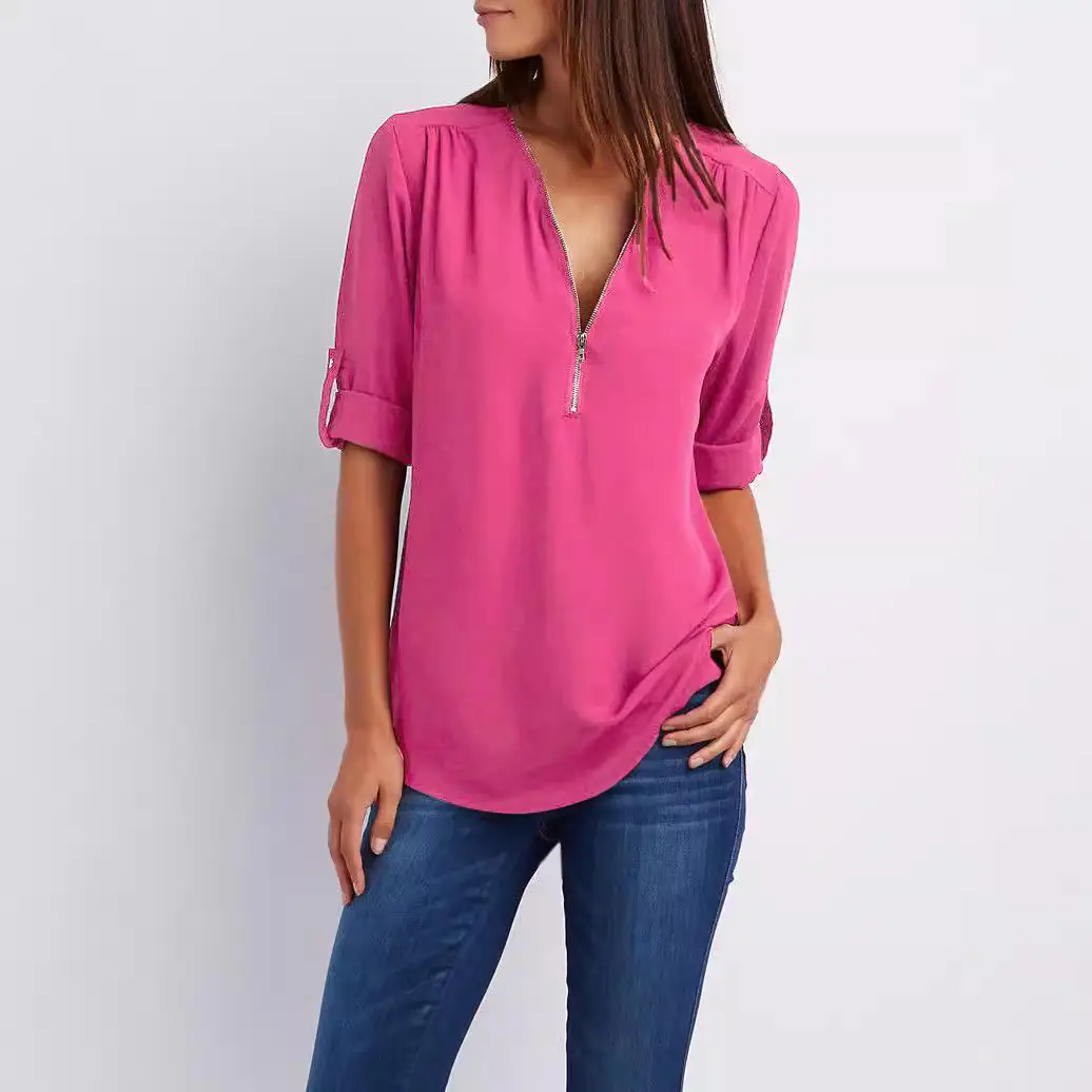 Green V-Neck Zipper Chiffon Shirt for Women - Image 16