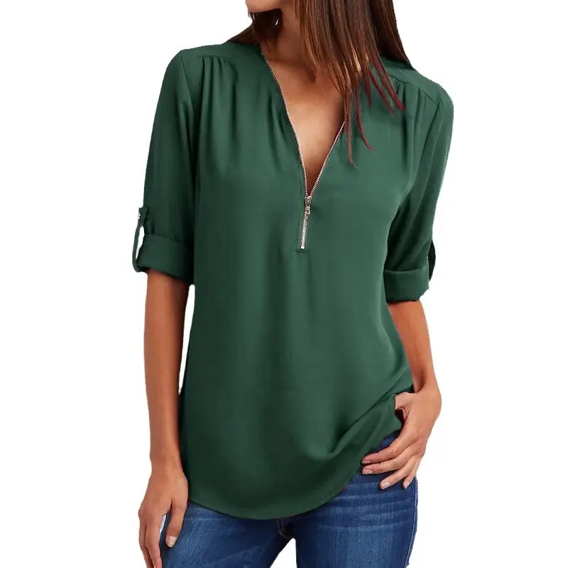 Green V-Neck Zipper Chiffon Shirt for Women - Image 17