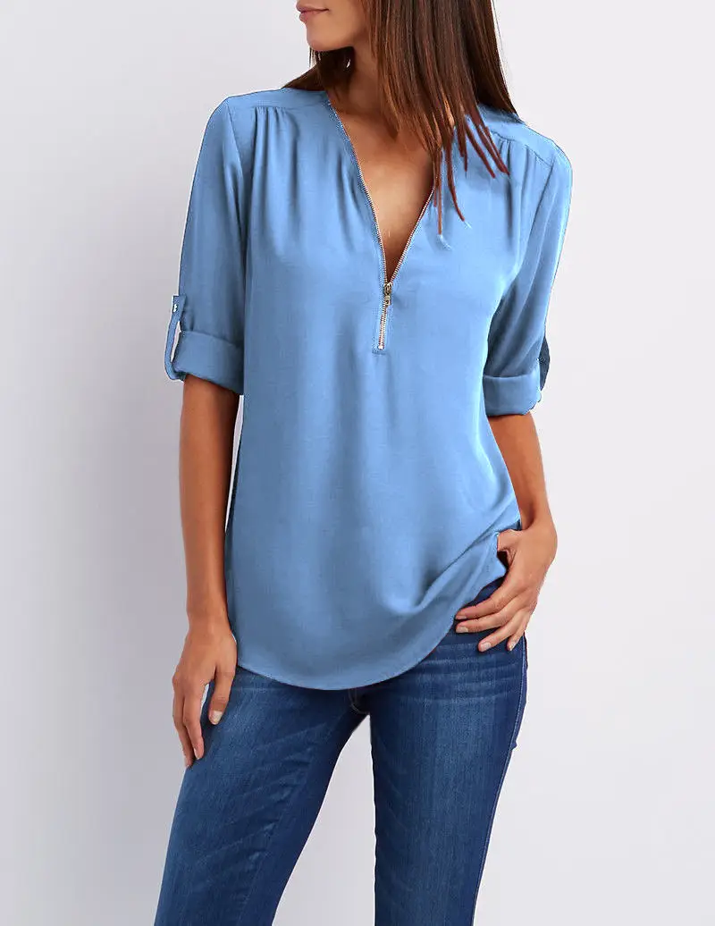 Green V-Neck Zipper Chiffon Shirt for Women - Image 10