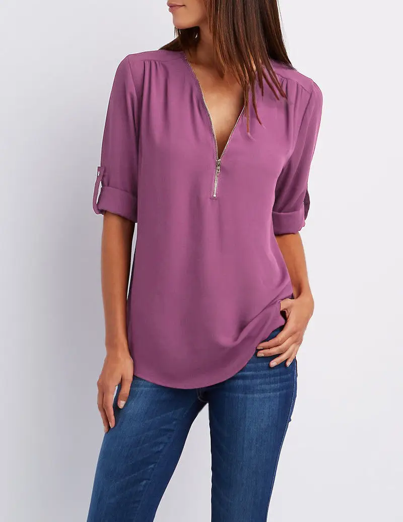 Green V-Neck Zipper Chiffon Shirt for Women - Image 2