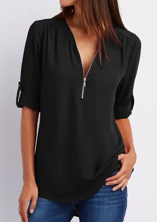 Green V-Neck Zipper Chiffon Shirt for Women - Image 3