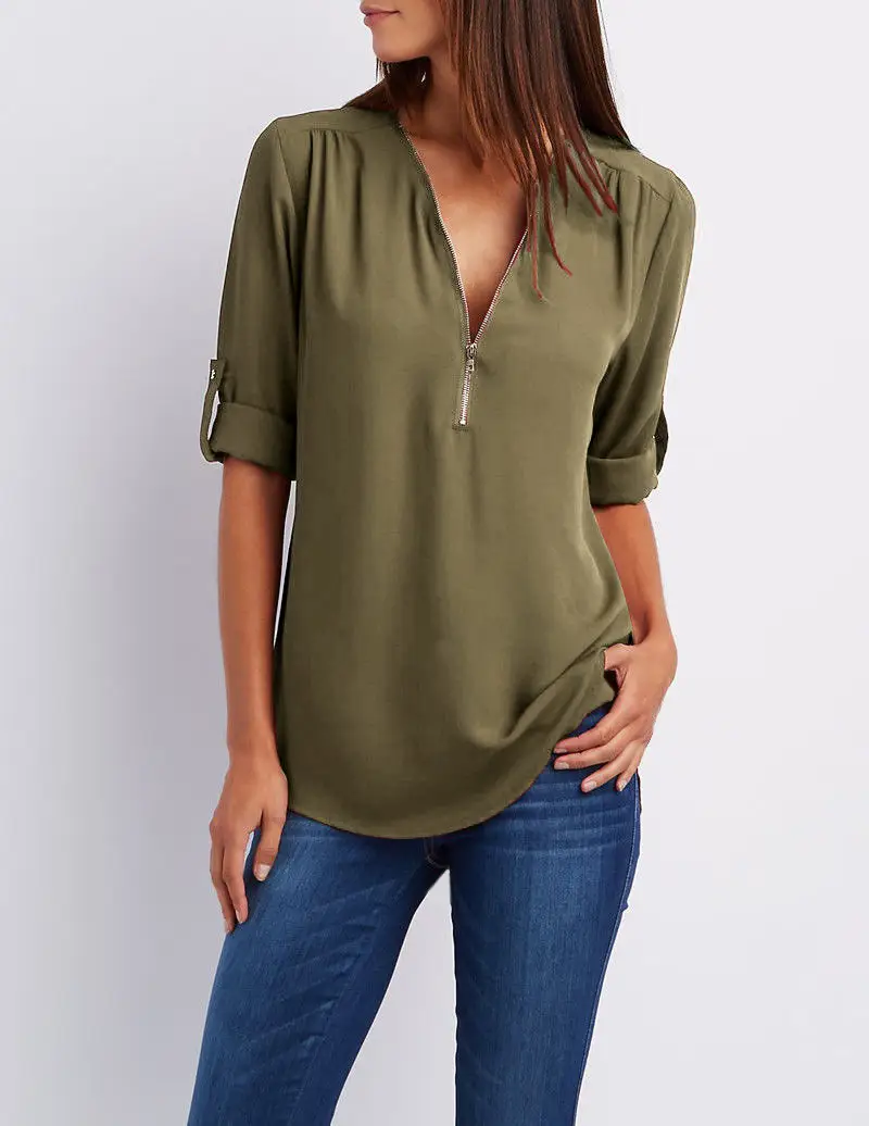 Green V-Neck Zipper Chiffon Shirt for Women - Image 4