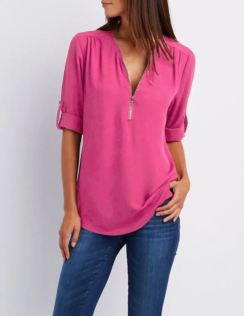 Green V-Neck Zipper Chiffon Shirt for Women - Image 6