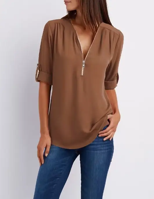 Green V-Neck Zipper Chiffon Shirt for Women - Image 9