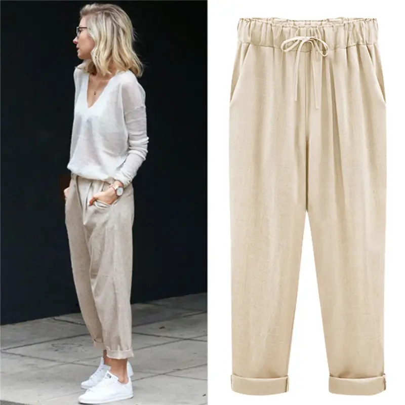 Women Cotton Linen Pants Light Blue Plus Size 150kg - Image 12