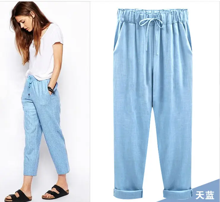 Women Cotton Linen Pants Light Blue Plus Size 150kg - Image 5