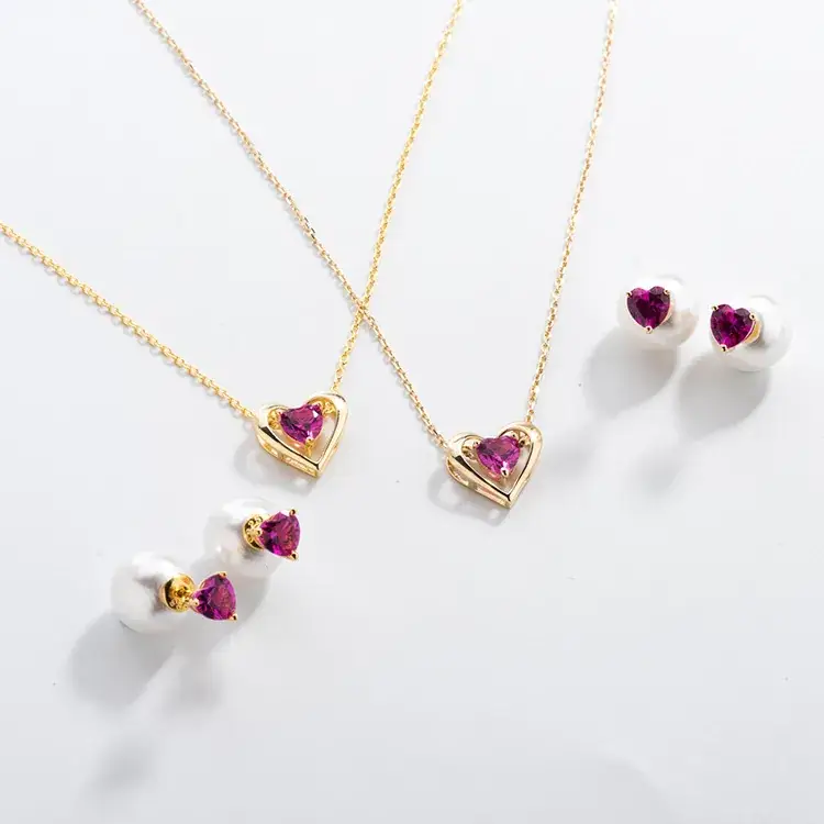 9K Gold Pearl Red Ruby Earrings Set - Image 4