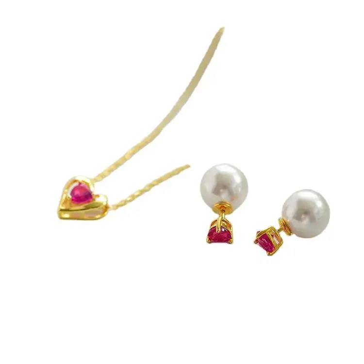 9K Gold Pearl Red Ruby Earrings Set - Image 7