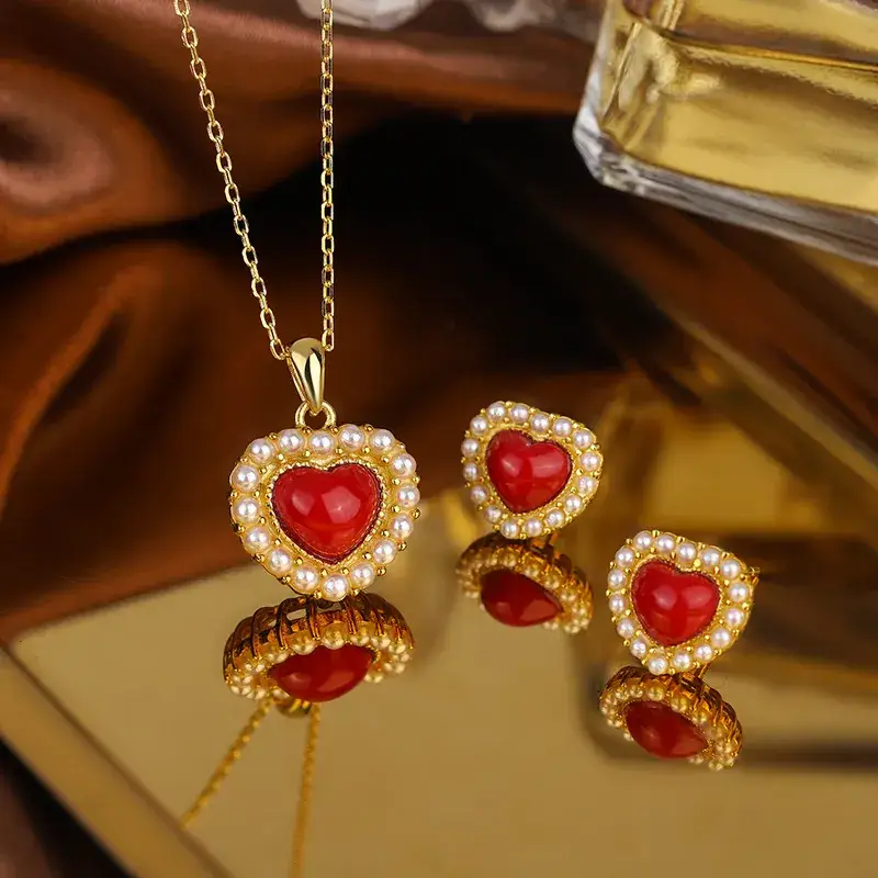 9K Gold Pearl Red Ruby Earrings Set — feature 2