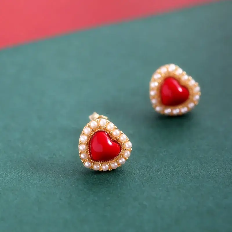 9K Gold Pearl Red Ruby Earrings Set — feature 5