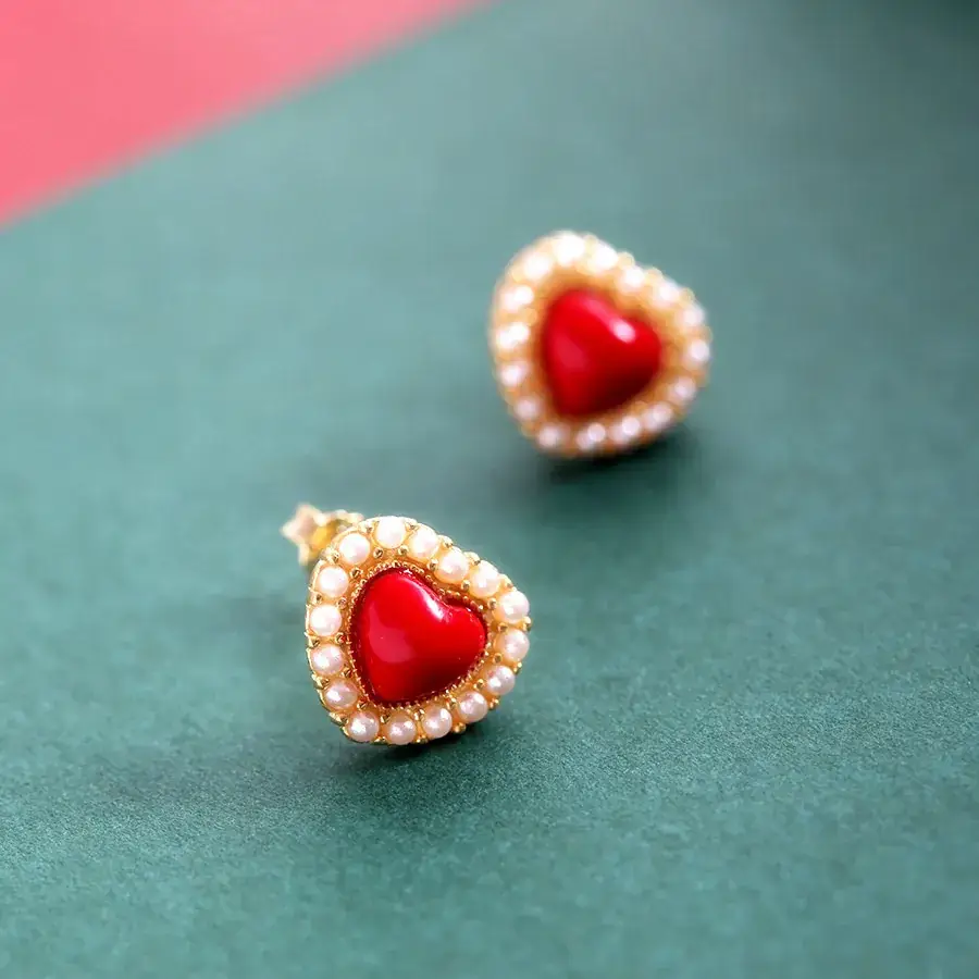 9K Gold Pearl Red Ruby Earrings Set — feature 8