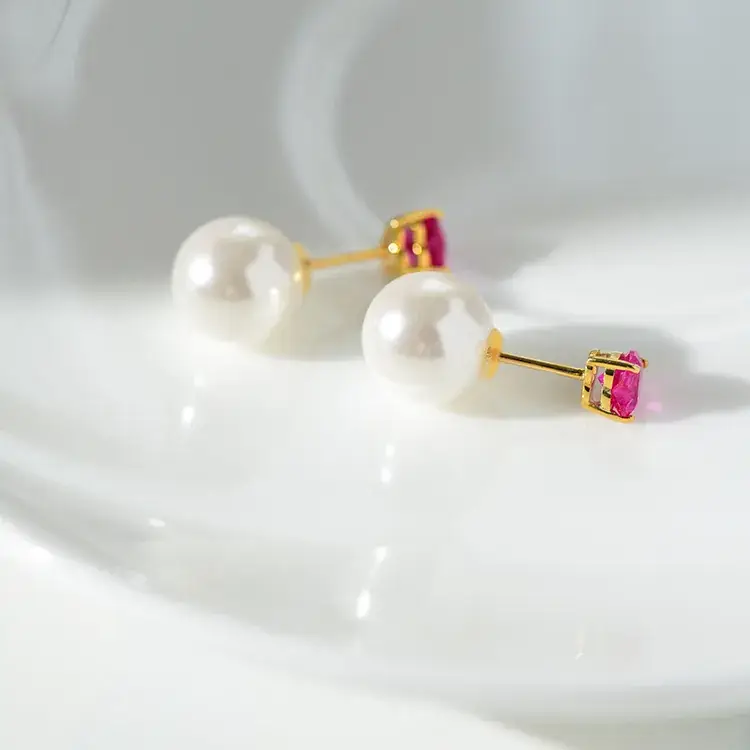 9K Gold Pearl Red Ruby Earrings Set - Image 2