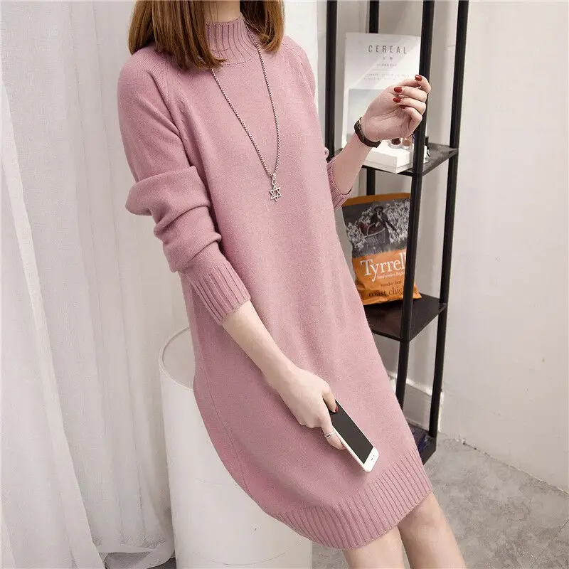 Women's Red Knit Half Turtleneck Mid-Length Dress - Image 8