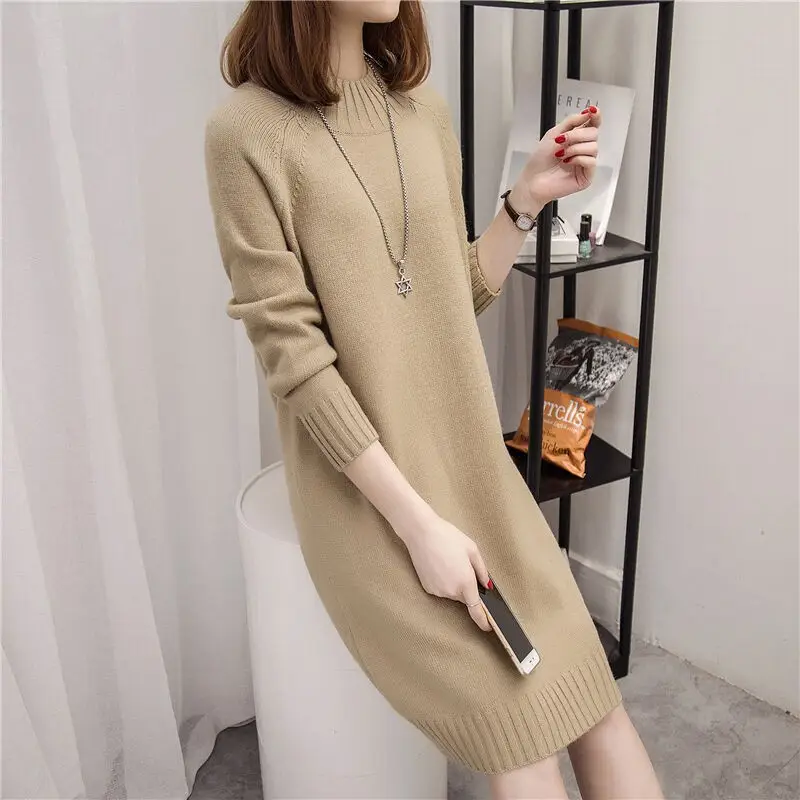 Women's Red Knit Half Turtleneck Mid-Length Dress - Image 9