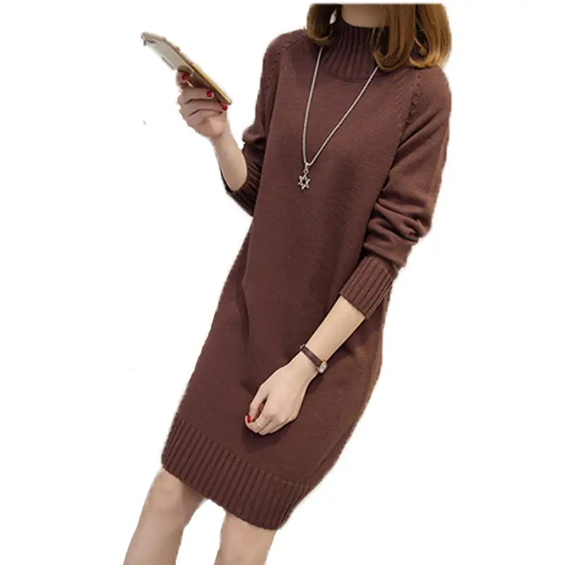 Women's Red Knit Half Turtleneck Mid-Length Dress - Image 11