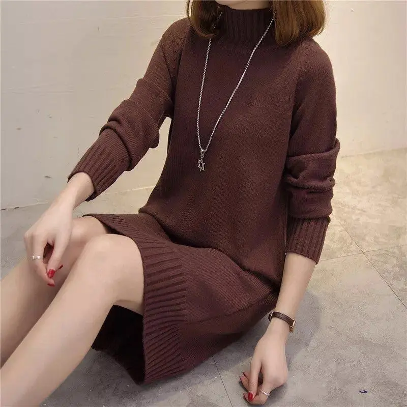 Women's Red Knit Half Turtleneck Mid-Length Dress — feature 19