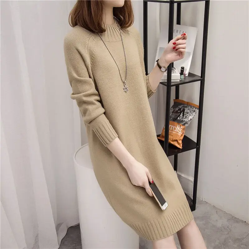 Women's Red Knit Half Turtleneck Mid-Length Dress — feature 20