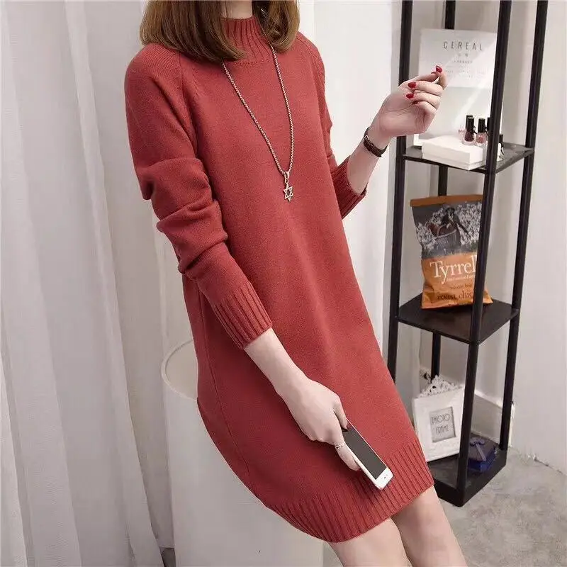 Women's Red Knit Half Turtleneck Mid-Length Dress — feature 21