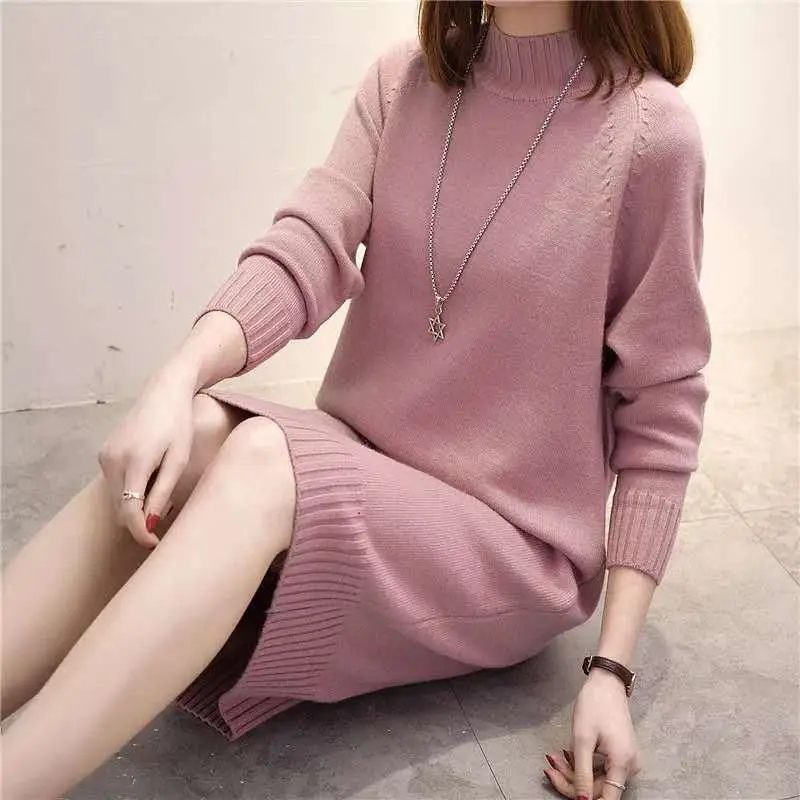 Women's Red Knit Half Turtleneck Mid-Length Dress — feature 23