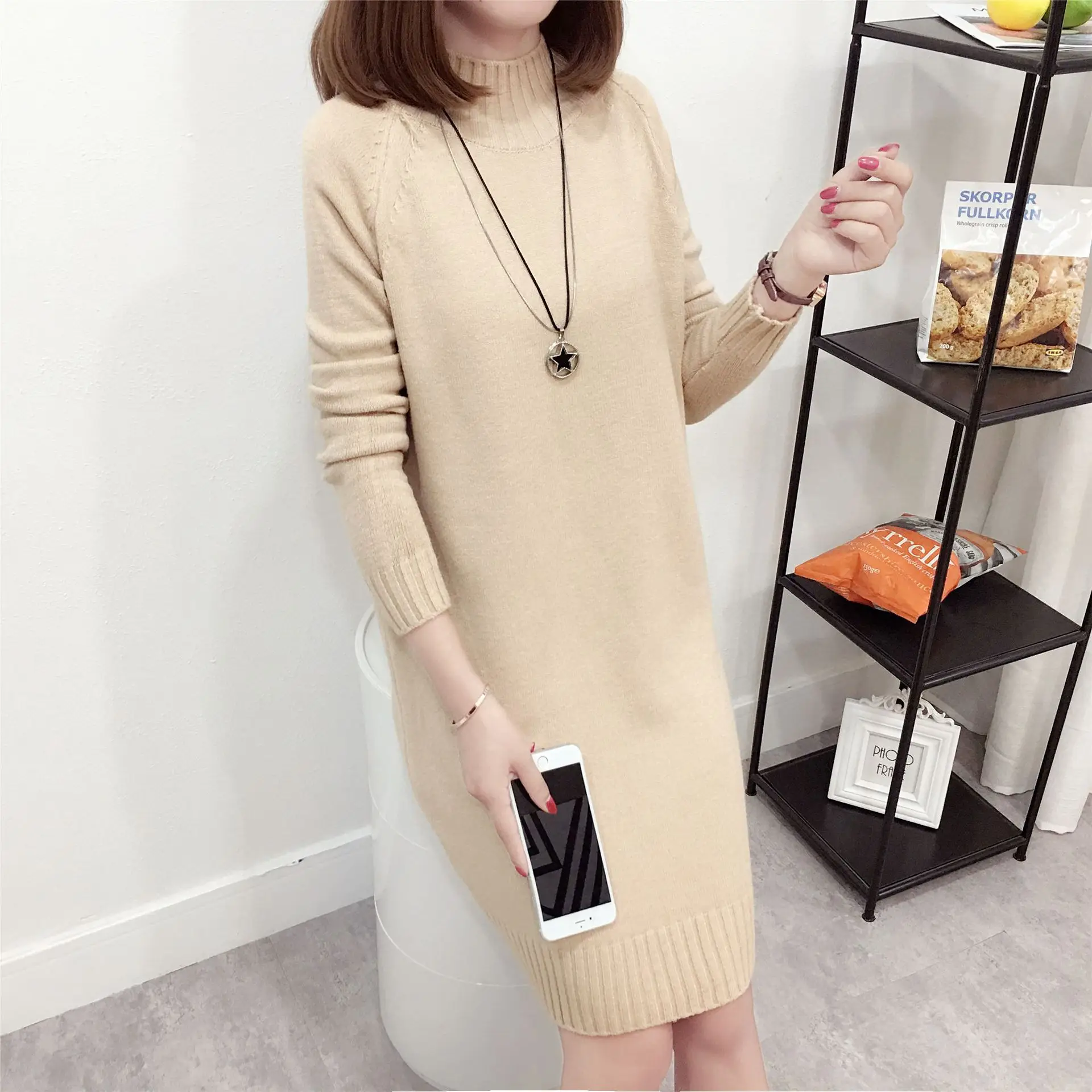 Women's Red Knit Half Turtleneck Mid-Length Dress - Image 2