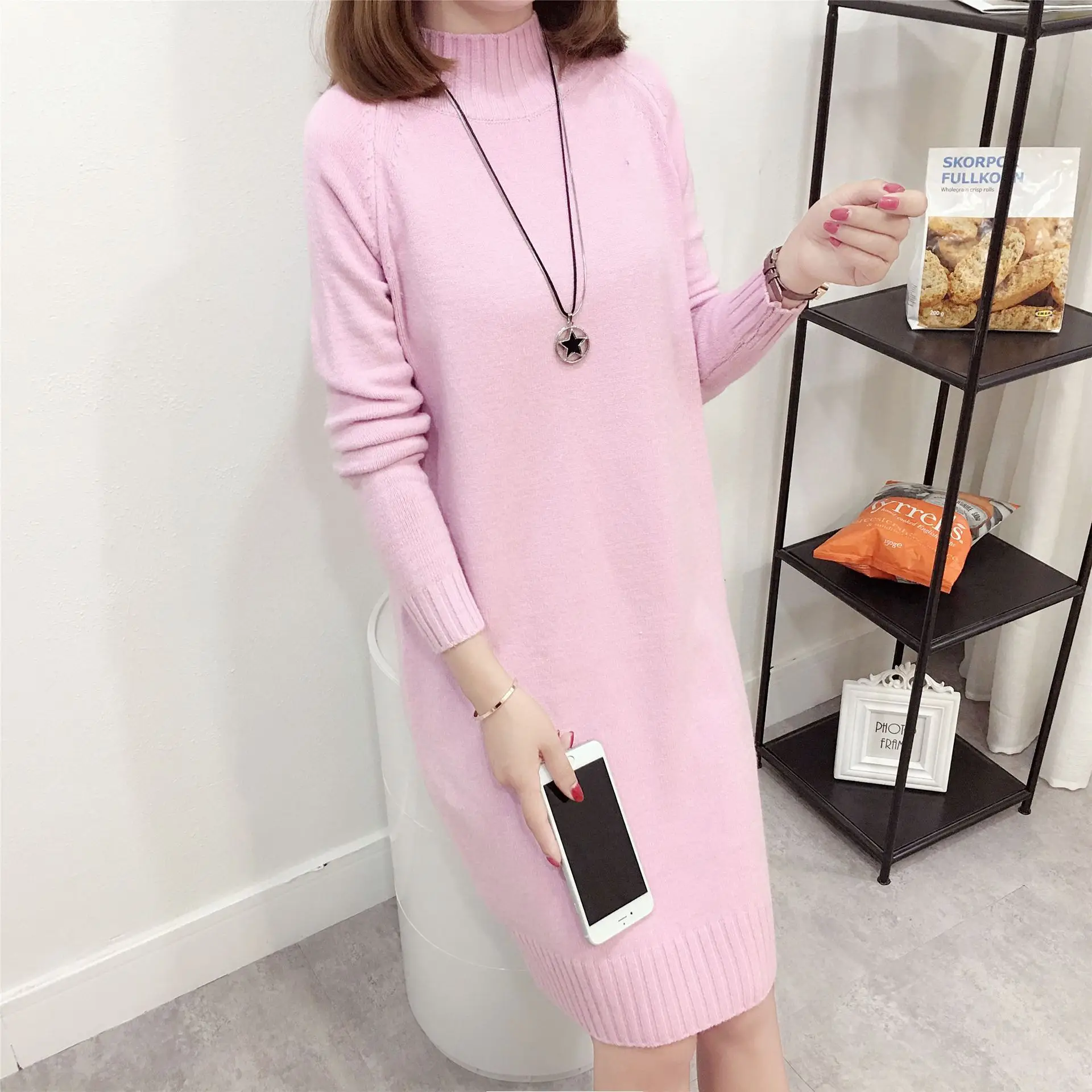 Women's Red Knit Half Turtleneck Mid-Length Dress - Image 3