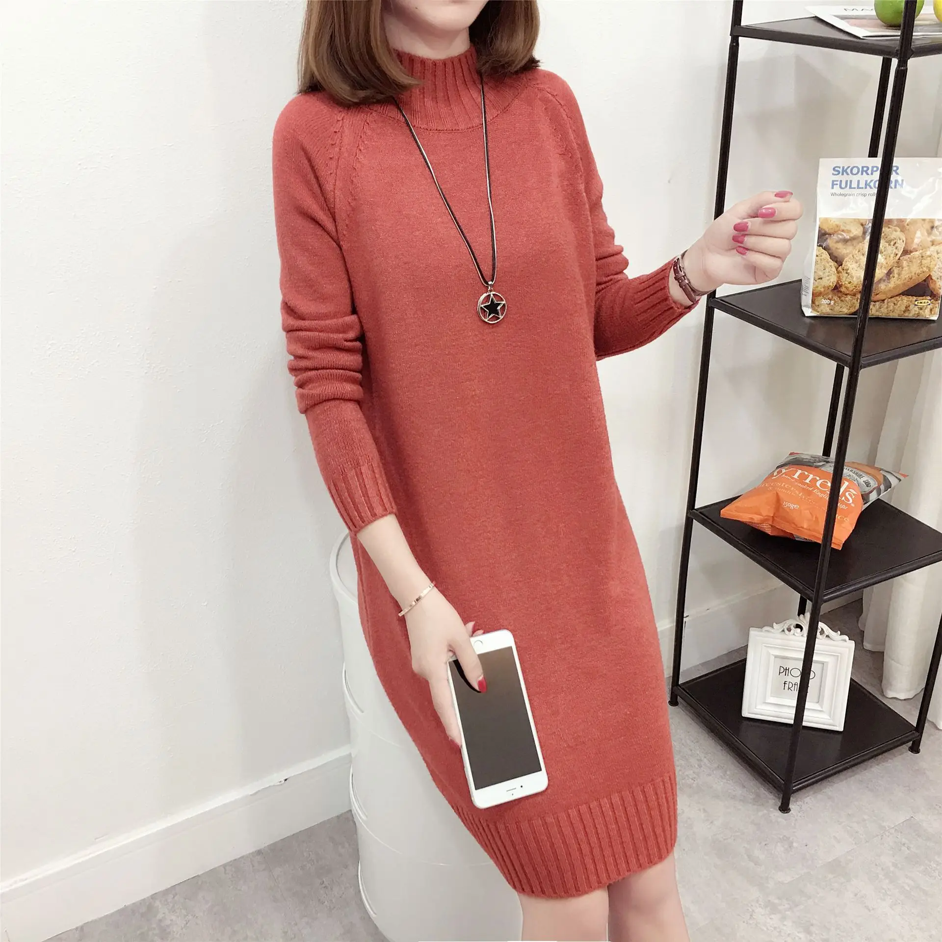 Women's Red Knit Half Turtleneck Mid-Length Dress - Image 6