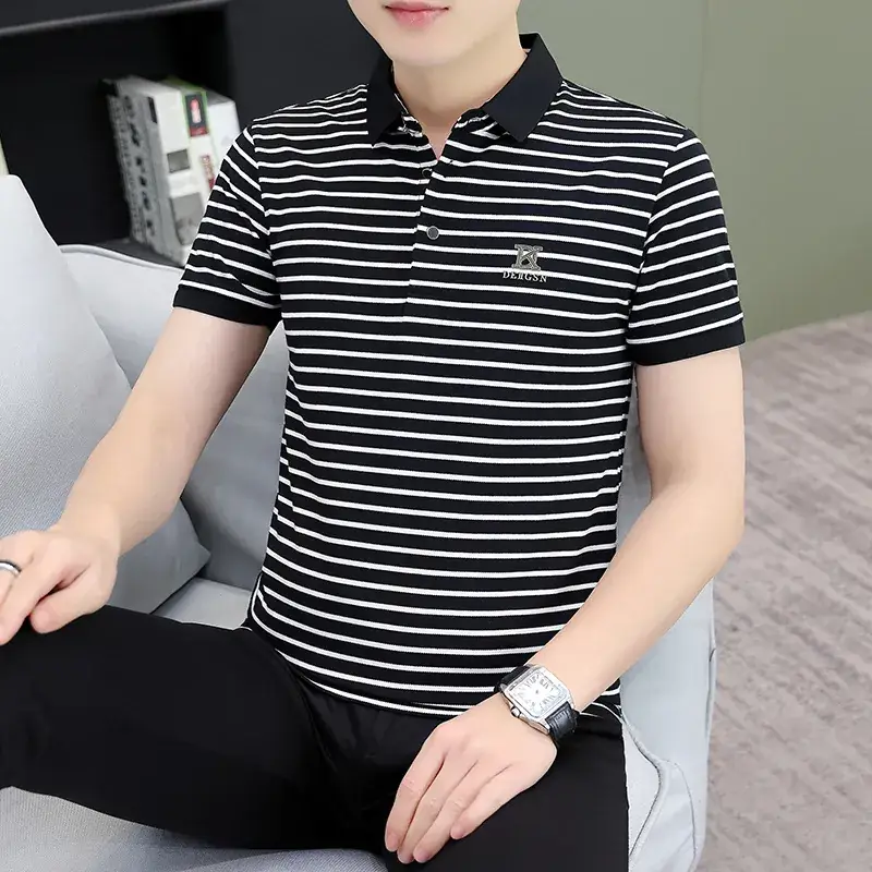 Men Striped Polo T-Shirt with Half Sleeve Lapel - Image 8